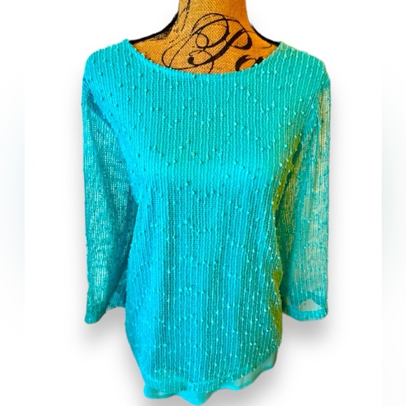 Alfred Dunner Classics Peacock Teal Popcorn Sequin Sheer Sleeves Top Blouse XL - Picture 1 of 15